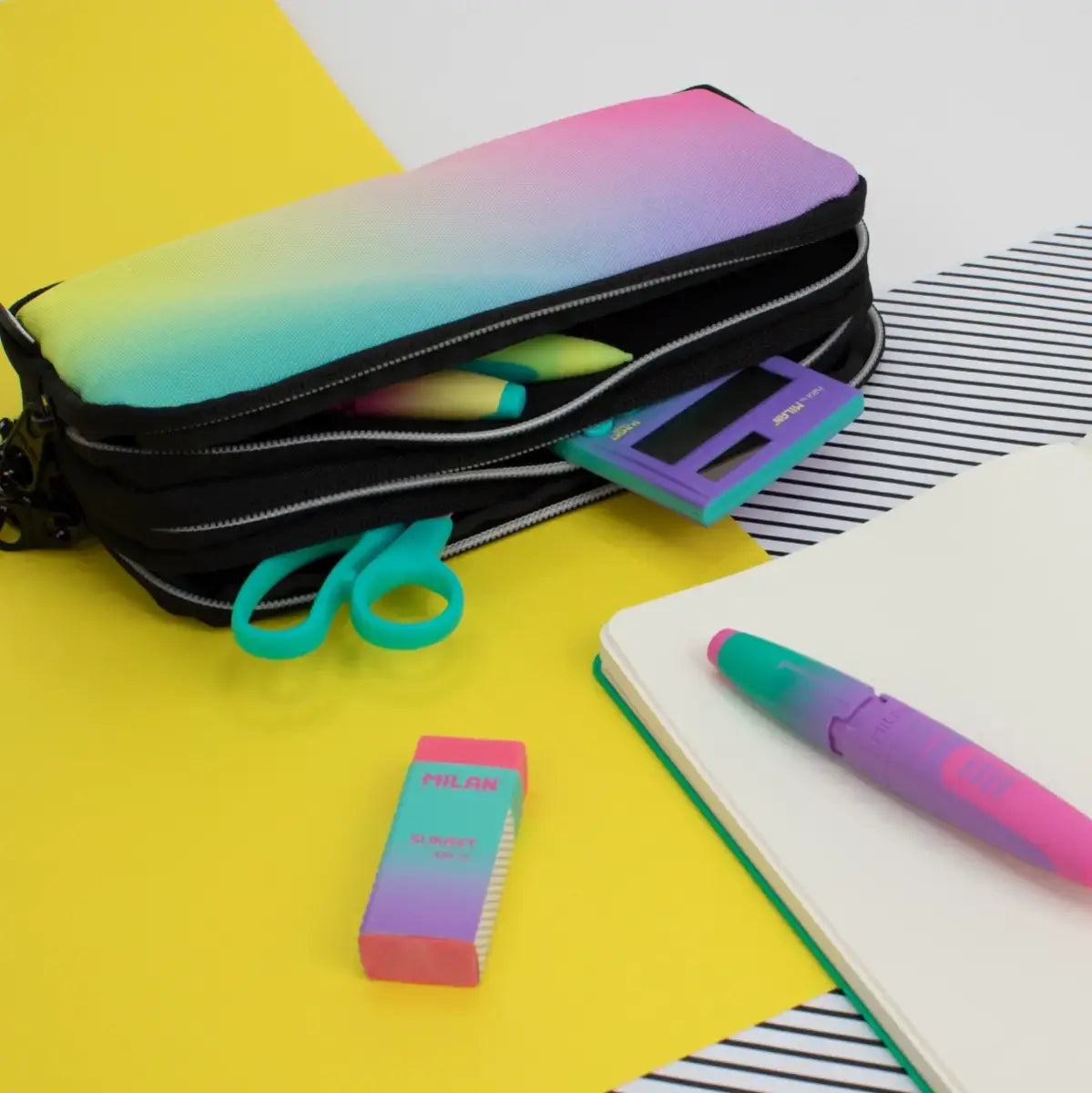 Milan-3-Zipper  Pencil Case Sunset Black-081135Snk1