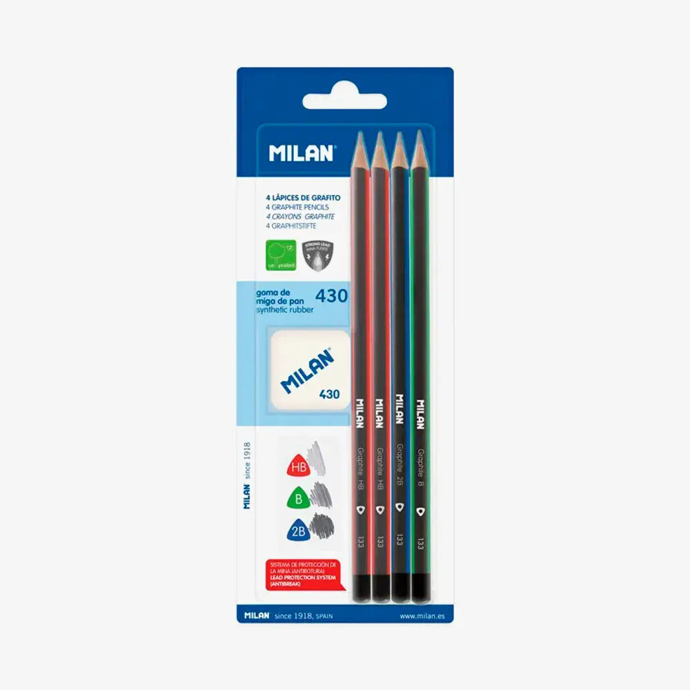 Milan-Blister Eraser 430 + 4 Graphite Pencils-Bym10344